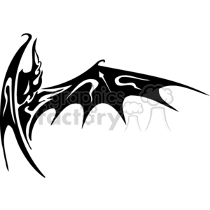 The image is a black and white clipart of a bat in profile with its wings spread. The style is simplified and suitable for vinyl cutting or similar applications. The bat's features are stylized to emphasize the lines and curves, creating a dramatic and somewhat spooky effect which makes it appropriate for themes like Halloween or depicting nocturnal and mysterious elements.