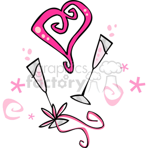 A festive Valentine's Day clipart image featuring a stylized pink heart and two champagne glasses surrounded by celebratory decorations.