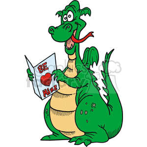 The clipart image shows a cartoon green dragon sitting and reading a book with a heart on it that says 'be mine', which alludes to Valentine's Day or love in general.