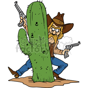 The clipart image shows a cartoon-style depiction of a Western gunslinger or cowboy holding two guns, hiding behind a cactus. The image is intended to be humorous or lighthearted.
