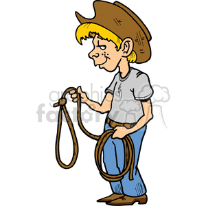 A cartoon cowboy kid wearing a hat and holding a rope.