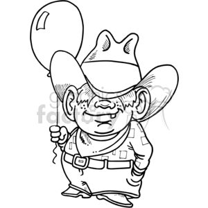 A humorous clipart image of a young cowboy character holding a balloon, wearing a cowboy hat and boots.