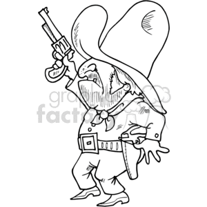 A humorous illustration of a cowboy gunslinger with a large hat and an exaggerated expression, holding a gun.