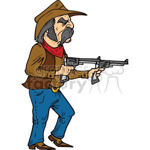 A cartoon illustration of a cowboy gunslinger with a mustache, wearing a hat, red bandana, brown vest, and blue jeans, holding a rifle.