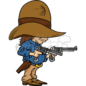 A cartoonish cowboy with an oversized hat holding two pistols, appearing comically serious.