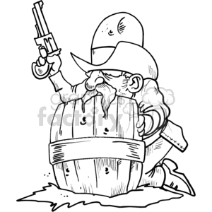 A humorous cartoon illustration of a mustached cowboy gunslinger hiding behind a barrel, holding a revolver.