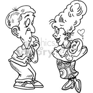 A humorous clipart image of a new mom and dad with exaggerated expressions. The mother holds a baby lovingly while the father appears surprised and amazed.