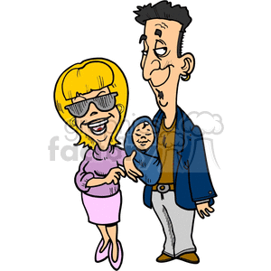 A cartoon illustration of a cheerful couple holding a swaddled baby. The woman is wearing sunglasses and a pink outfit, while the man is in a blue jacket and holding the baby.