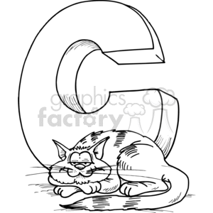 A clipart image of a sleeping cat resting against a large capital letter 'C'. The illustration is in black and white, featuring detailed line work to depict the cat's fur and the bold, three-dimensional letter.