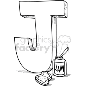 A clipart image featuring the letter 'J' with a jar of jam and a slice of bread. The jar is labeled 'JAM' and a spoon is sticking out of it.