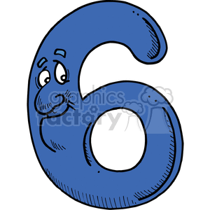 A clipart image of the number six, illustrated in blue with a cartoon face showing a playful expression.