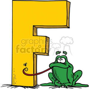 A clipart image featuring a large yellow letter 'F' with a green frog sitting next to it. The frog has its tongue extended towards a small fly on the letter.