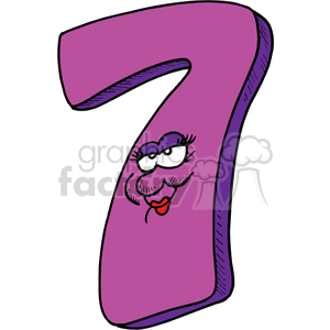A clipart image of the number seven with a cartoon face, featuring feminine eyelashes, a mustache, and red lips.