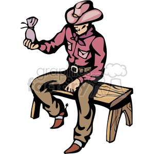 Clipart illustration of a cowboy sitting on a bench, holding a bag of money.