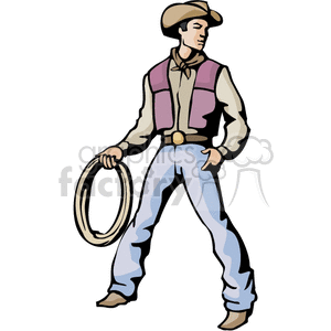 Clipart image of a cowboy holding a lasso, dressed in typical Western attire.