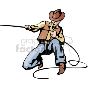 Clipart image of a cowboy wearing a hat and vest, skillfully handling a lasso in a rodeo setting.