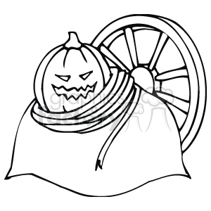 A Halloween-themed clipart image featuring a jack-o'-lantern sitting on a bag, with a wagon wheel in the background.