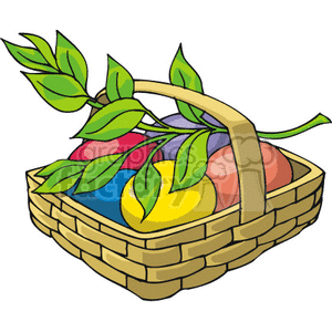 A clipart image of a basket filled with colorful fruits and green leaves, typically symbolizing a harvest or holiday theme.