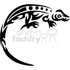 The image is a black and white vector illustration of a stylized tribal lizard. The design is simplified with decorative patterns that give it a tribal art look. The illustration is suitable for vinyl cutting due to its solid colors and clear outlines.