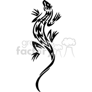 The image is a black and white vector illustration of a tribal-style lizard. It is designed with sharp, angular lines and curves that create the visual appearance of a stylized lizard often used in tattoos or as decorative elements.