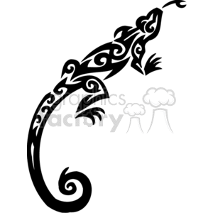 The image is a black and white vector illustration of a stylized tribal lizard. The design is intricate with a variety of swirls and curves that make up the body and limbs of the lizard. It has a decorative appearance and is designed in a way that would make it suitable for vinyl decal or similar applications.
