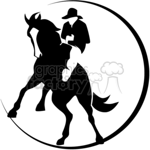 Silhouette clipart of a person riding a horse enclosed in a circular border.