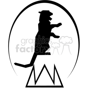 Clipart image of a black silhouette of a large cat, likely a lion, standing on its hind legs atop angular shapes resembling a podium 