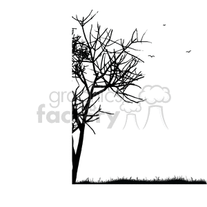 Silhouette of a leafless tree on the left side, showing bare branches against a white background. Birds are flying in the sky, and grass is visible at the bottom.