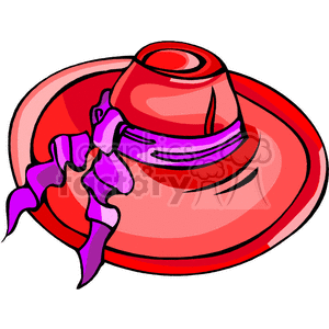 A clipart image of a red hat with a wide brim, featuring a purple ribbon and bow.