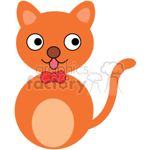 The image is a simple clipart illustration of an orange cat. The cat is depicted with a playful and cartoonish appearance, featuring large eyes, a prominent pink nose, a whimsical expression with its tongue sticking out, and a red bowtie around its neck.