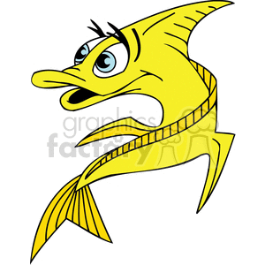 This is a clipart image of a stylized yellow tropical fish with exaggerated features that contribute to a humorous appearance. The fish has a large, downturned mouth, prominent, expressive eyes with long lashes, and its body and fins have a cartoonish design.