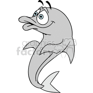 The image is a simple black and white clipart of a cartoon dolphin. The dolphin appears to be smiling, with stylized eyes that give it a friendly or playful look.