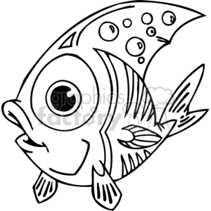 The image shows a cartoon-style drawing of a fish with exaggerated, comical features. It has a large eye, a wide, smiling mouth, and its body is adorned with variously sized spots and stripes. The image is black and white and appears to be designed for coloring activities.