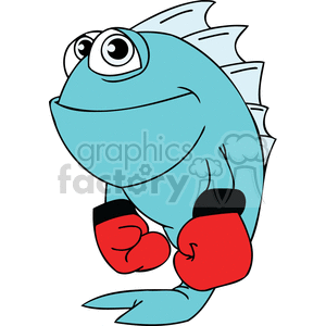 This image depicts a cartoon of a blue fish with large, humorous eyes, standing upright and wearing a pair of red boxing gloves. The fish has a confident or ready-to-fight expression.