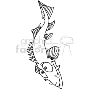 The image is a black and white line art illustration of a funny-looking barracuda. The fish has exaggerated facial features, including large, spiral eyes and a wide open mouth that gives it a surprised or goofy expression. It has prominent fins and gills, with stripes on its tail and fins, which add to its cartoonish appearance.