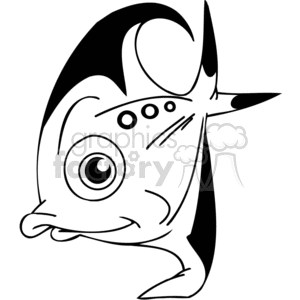 The image is a black and white clipart of a stylized fish with characteristics resembling those of an angelfish, known for their distinct wingshaped fins. It has large eyes and a slightly curved body, accentuating its cartoon-like appearance.