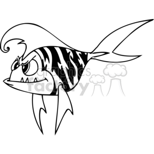 Cartoon Angry Fish Clipart - Black and White Illustration.