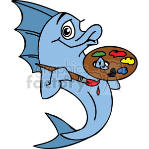 In this clipart image, there is a cartoon depiction of a blue fish holding an artist's palette filled with various colors of paint. The fish is also holding a paintbrush with a dab of red paint on it. The fish has large eyes and appears to be in the act of painting, as suggested by the posture and the equipment it's holding. The facial expression of the fish seems focused and perhaps slightly amused, which contributes to the humorous intent of the illustration.