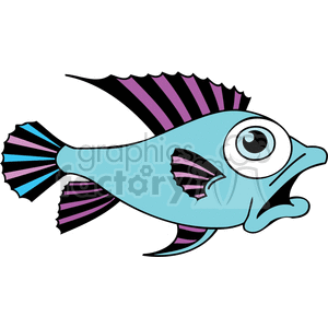 The image is a clipart illustration of a stylized fish with a funny expression. The fish is depicted in a cartoonish manner with a large eye, exaggerated lips, and vibrant colors including shades of blue, black, and pinkish-purple. It has prominent fins with striped patterns.