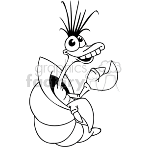 The image is a black and white clipart illustration of a cartoon hermit crab with exaggerated, goofy features. It has a large, smiling mouth with visible teeth, big bulging eyes, one raised eyebrow, a tuft of hair sticking straight up on its head, and one of its claws raised as if waving or gesturing.