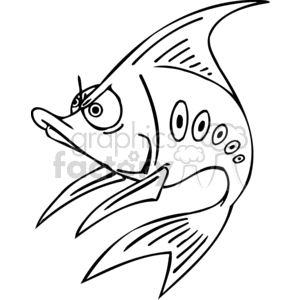This is a black and white line art clipart image of a stylized fish with an exaggerated facial expression that looks mad or angry. The fish has pronounced eyebrows slanting downwards, wide eyes, and its mouth open in a frown. Its body is decorated with dots, and its fins have a flowing appearance.