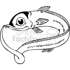 The image is a black and white clipart of a cartoon eel with a funny expression. The eel has exaggerated features: large eyes and a wide, playful smile. It's body is curved, creating a loop shape.