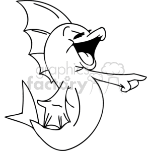The image shows a cartoon of a fish that appears to be laughing heartily and pointing with one fin, as if it's found something hilarious. The fish has a wide-open mouth, with its eyes closed in an expression of mirth. Its body is curved, further emphasizing the animated laughter.