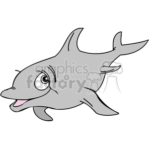 This is a simple clipart image depicting a cartoon dolphin. The dolphin is styled in a way to appear cute and friendly, with a big smile, a playfully arched body, and exaggerated, large eyes.