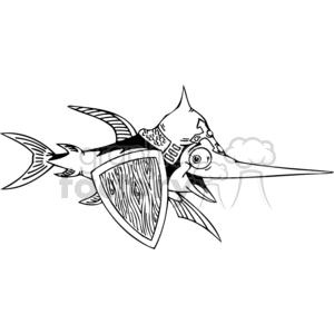 This clipart image features a stylized swordfish equipped with armor, including a helmet and a shield. The swordfish appears to be in a dynamic pose suggesting action or combat readiness.