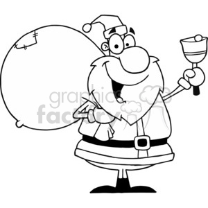 Black and white clipart of Santa Claus with a sack of gifts and ringing a bell.