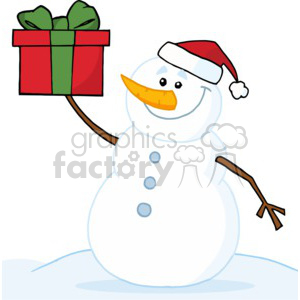 A cheerful snowman wearing a Santa hat holding a festive red and green gift box.