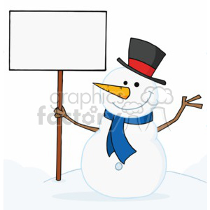 A cheerful snowman holding a blank sign, wearing a top hat and blue scarf, set in a winter scene.