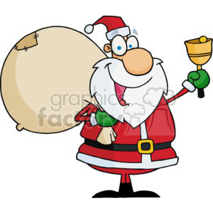 A cheerful cartoon Santa Claus holding a bell and a large sack of presents, symbolizing the festive holiday spirit.