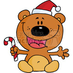 A cheerful teddy bear wearing a Santa hat and holding a candy cane, depicting a festive and playful Christmas theme.